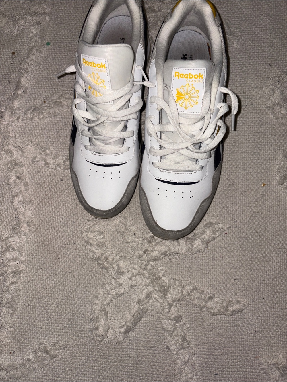 Reebok White Sneakers with Yellow Logo and Navy Accents